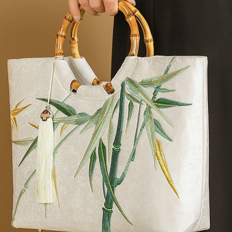 Bolsos de mano con borlas y asas de bambú bordadas con Buddha Stones