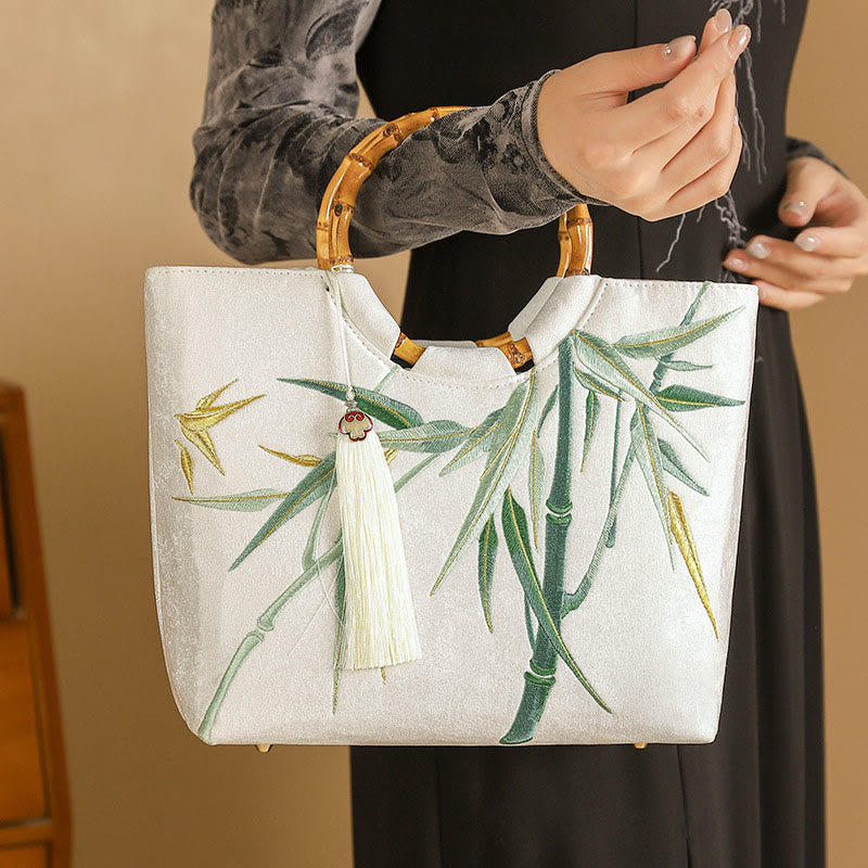 Bolsos de mano con borlas y asas de bambú bordadas con Buddha Stones