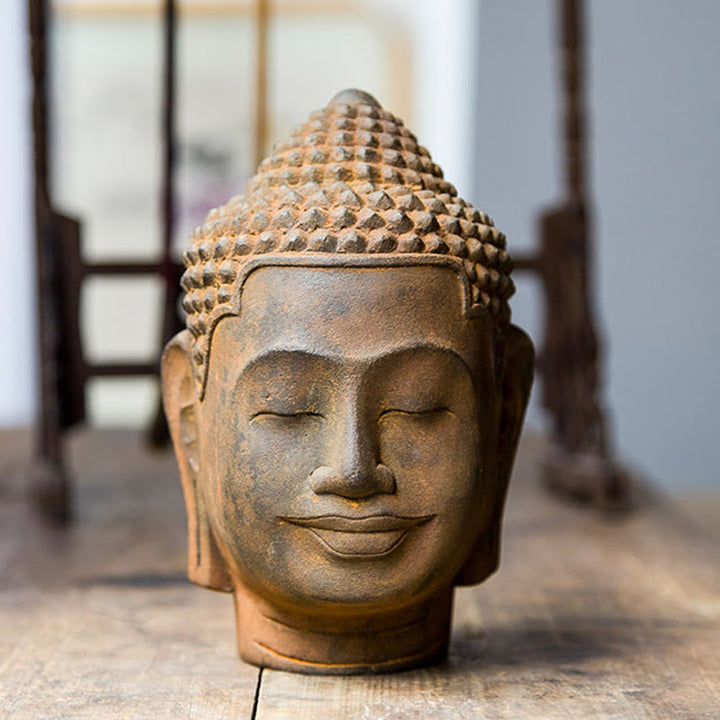 Estatua de resina fundida con óxido de hierro y cabeza de Buddha Stones de Buda para decoración del hogar