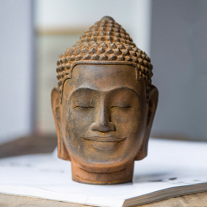 Estatua de resina fundida con óxido de hierro y cabeza de Buddha Stones de Buda para decoración del hogar