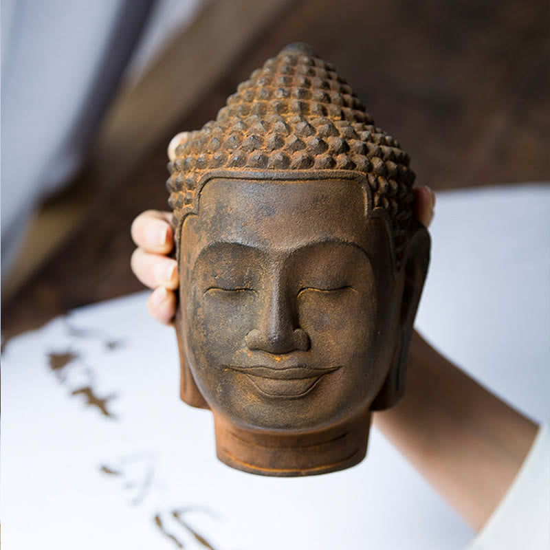 Estatua de resina fundida con óxido de hierro y cabeza de Buddha Stones de Buda para decoración del hogar