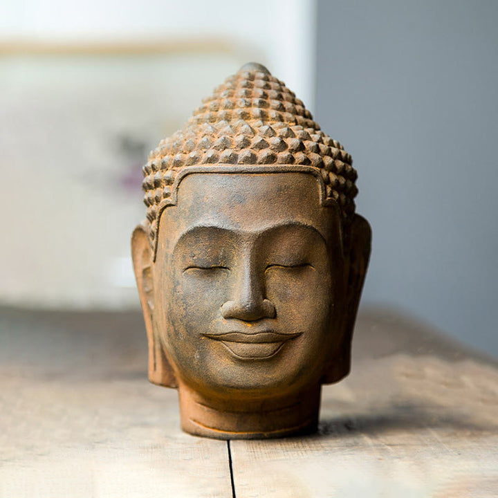 Estatua de resina fundida con óxido de hierro y cabeza de Buddha Stones de Buda para decoración del hogar