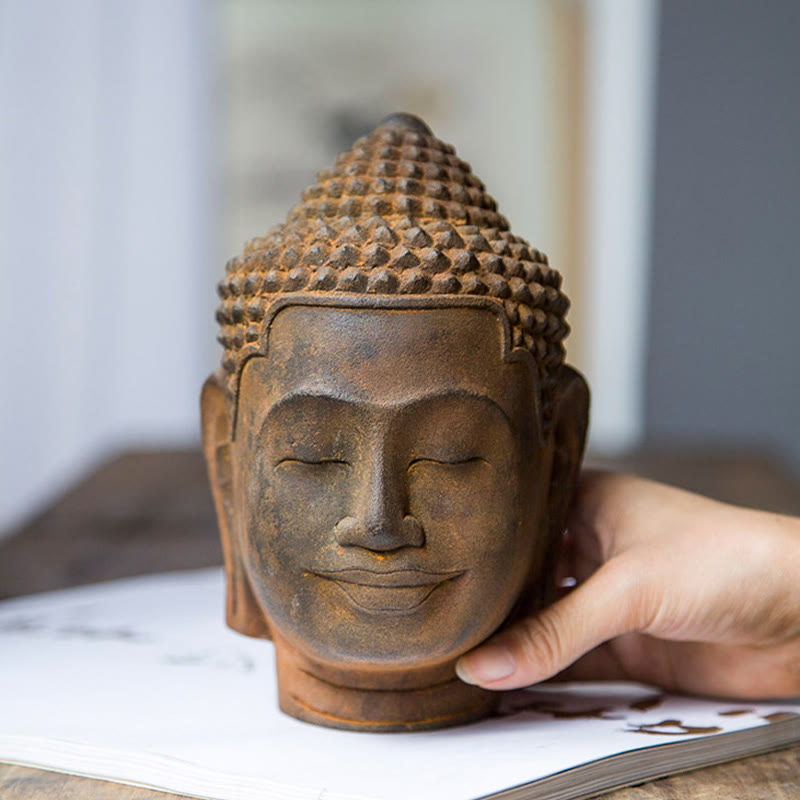 Estatua de resina fundida con óxido de hierro y cabeza de Buddha Stones de Buda para decoración del hogar