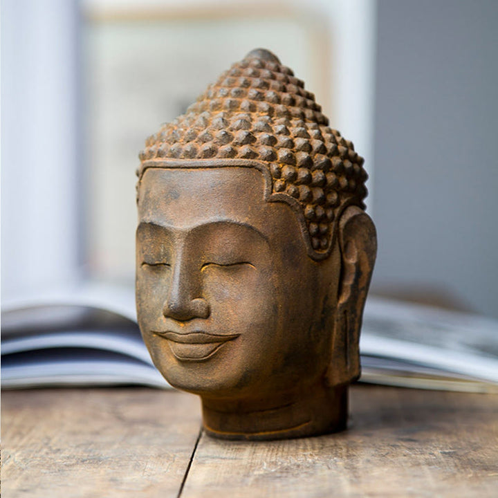 Estatua de resina fundida con óxido de hierro y cabeza de Buddha Stones de Buda para decoración del hogar