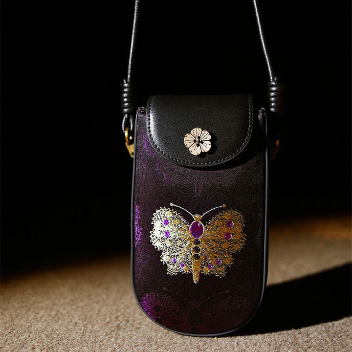 Bolso de hombro con brocado y hojas de mariposa, flores, ramas y hojas de Buddha Stones