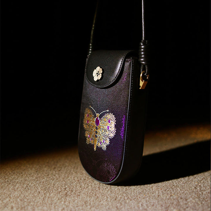 Bolso de hombro con brocado y hojas de mariposa, flores, ramas y hojas de Buddha Stones