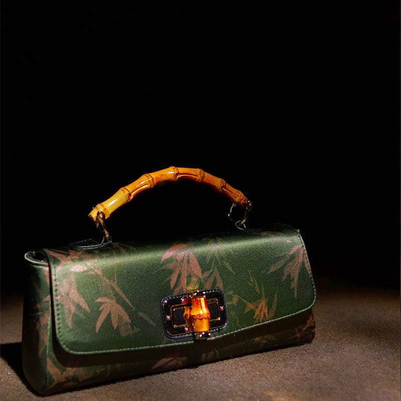 Bolso bandolera con cadena de metal, asa de bambú, hojas, ramas y Buddha Stones