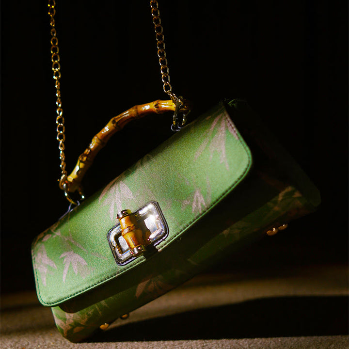 Bolso bandolera con cadena de metal, asa de bambú, hojas, ramas y Buddha Stones