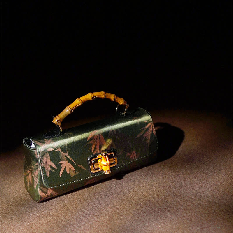 Bolso bandolera con cadena de metal, asa de bambú, hojas, ramas y Buddha Stones