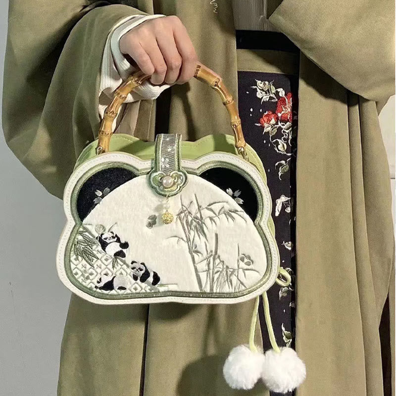 Bolso bandolera con borlas y nudo chino, cadena de perlas bordada con bambú y Buddha Stones y panda