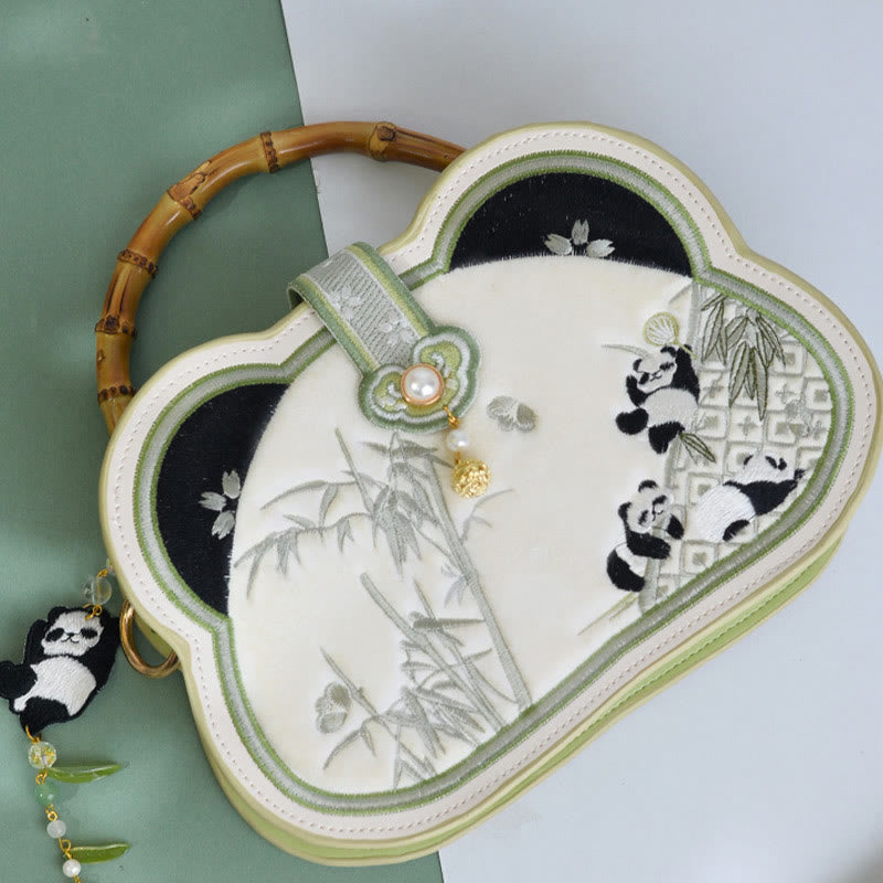 Bolso bandolera con borlas y nudo chino, cadena de perlas bordada con bambú y Buddha Stones y panda
