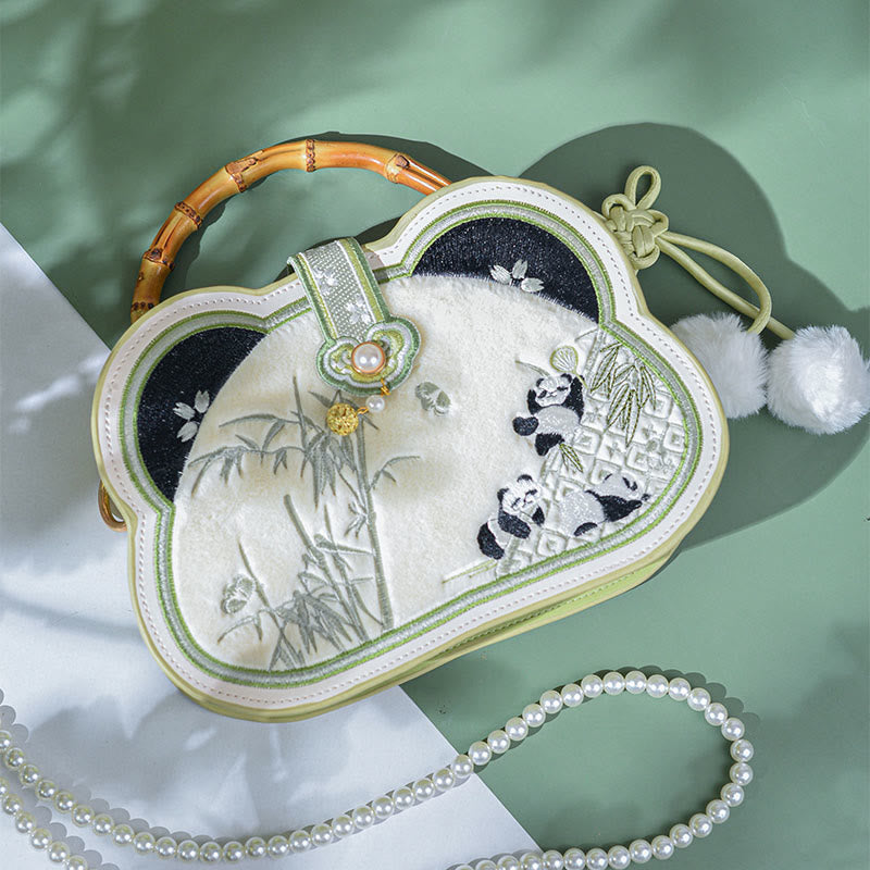 Bolso bandolera con borlas y nudo chino, cadena de perlas bordada con bambú y Buddha Stones y panda