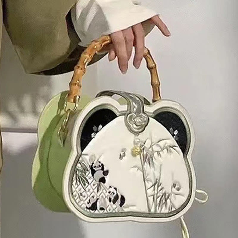 Bolso bandolera con borlas y nudo chino, cadena de perlas bordada con bambú y Buddha Stones y panda