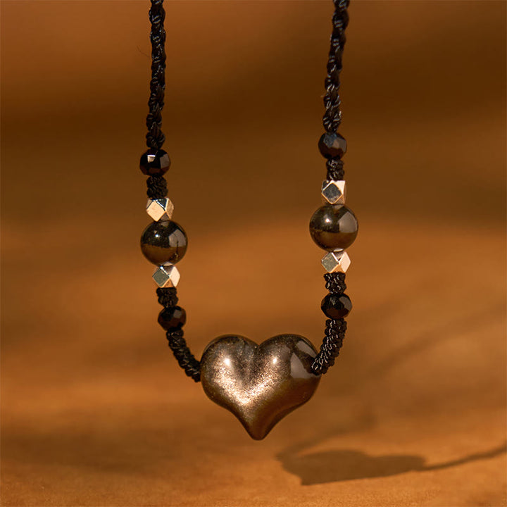 Collar con colgante de obsidiana natural con piedras de Buddha Stones y protección del corazón