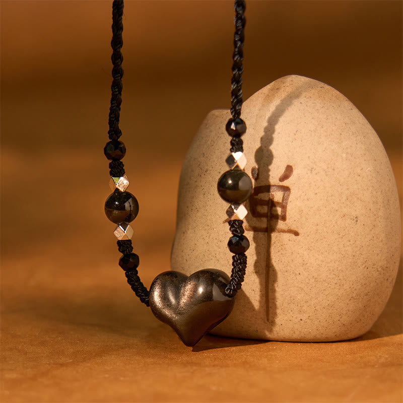 Collar con colgante de obsidiana natural con piedras de Buddha Stones y protección del corazón