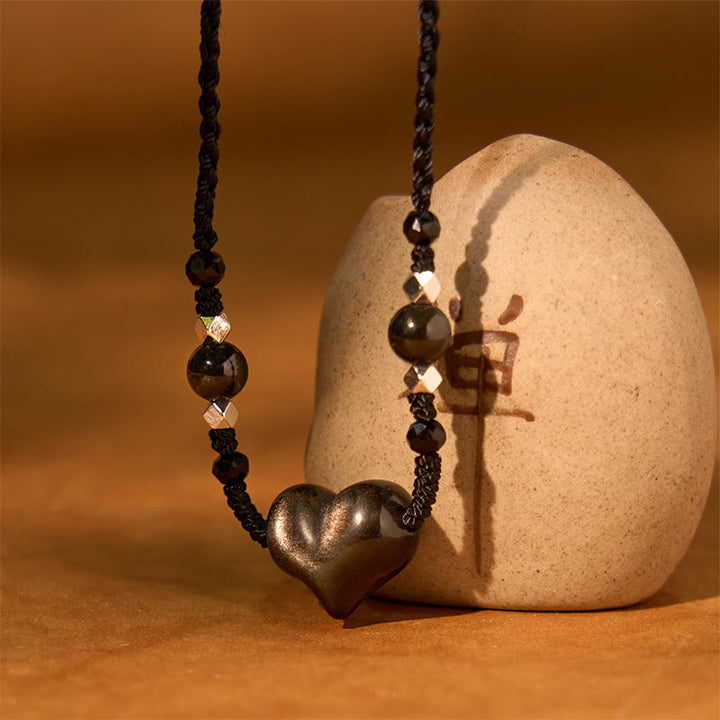 Collar con colgante de obsidiana natural con piedras de Buddha Stones y protección del corazón