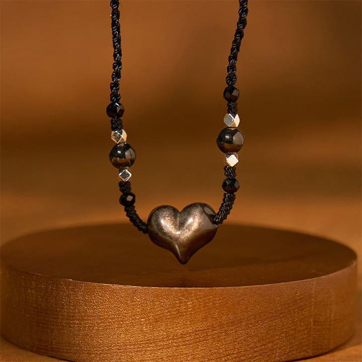 Collar con colgante de obsidiana natural con piedras de Buddha Stones y protección del corazón