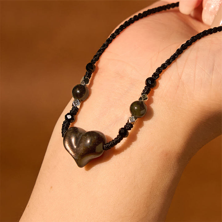 Collar con colgante de obsidiana natural con piedras de Buddha Stones y protección del corazón