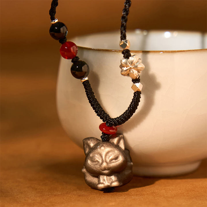 Collar con colgante de protección de zorro de nueve colas con obsidiana y brillo de plata natural con Buddha Stones