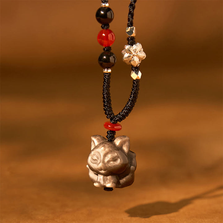 Collar con colgante de protección de zorro de nueve colas con obsidiana y brillo de plata natural con Buddha Stones