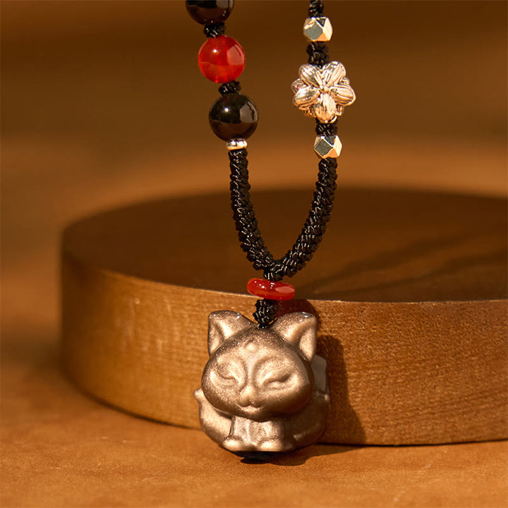 Collar con colgante de protección de zorro de nueve colas con obsidiana y brillo de plata natural con Buddha Stones