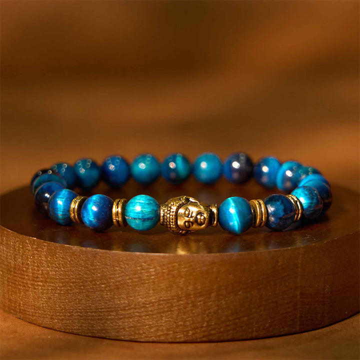 Pulsera de equilibrio con cabeza de Buda y ojo de tigre azul, verde y rojo con Buddha Stones