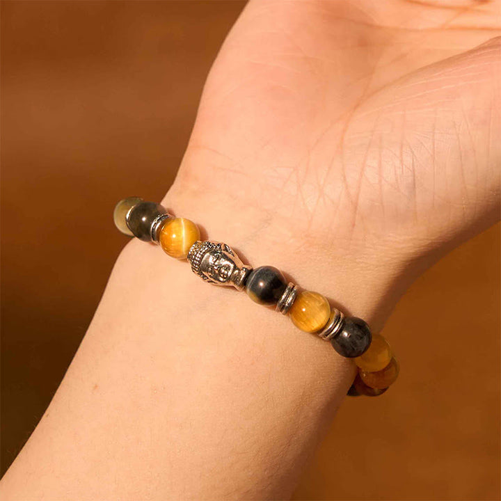Pulsera de equilibrio con cabeza de Buda y ojo de tigre azul, verde y rojo con Buddha Stones