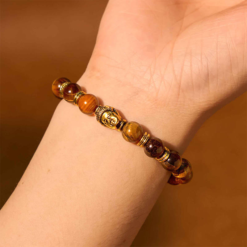 Pulsera de equilibrio con cabeza de Buda y ojo de tigre azul, verde y rojo con Buddha Stones