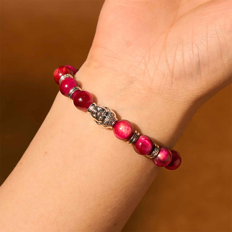 Pulsera de equilibrio con cabeza de Buda y ojo de tigre azul, verde y rojo con Buddha Stones