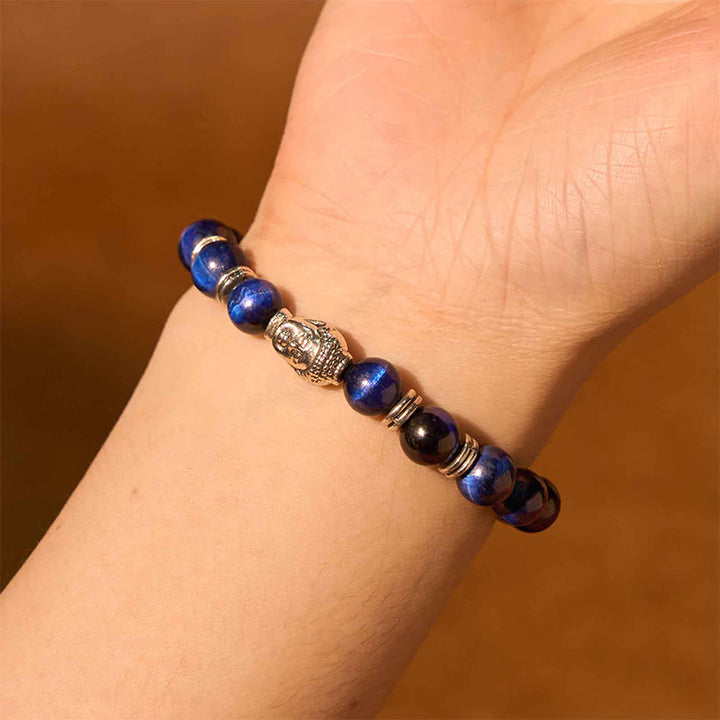 Pulsera de equilibrio con cabeza de Buda y ojo de tigre azul, verde y rojo con Buddha Stones