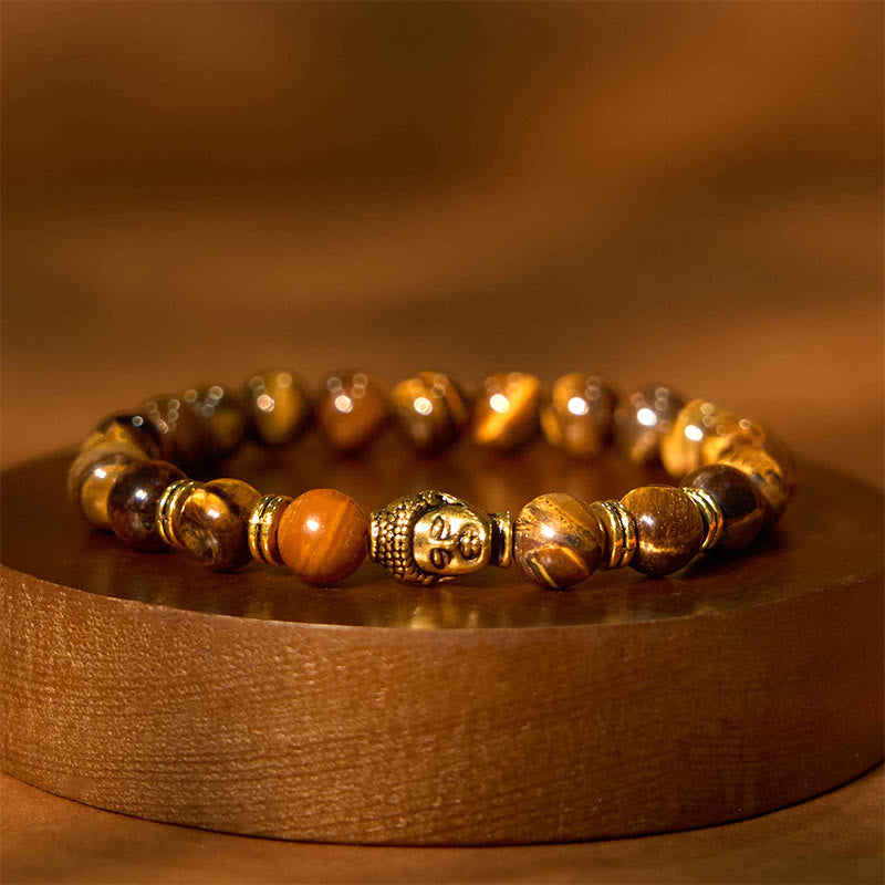 Pulsera de equilibrio con cabeza de Buda y ojo de tigre azul, verde y rojo con Buddha Stones