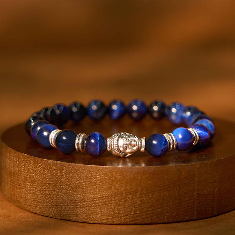 Pulsera de equilibrio con cabeza de Buda y ojo de tigre azul, verde y rojo con Buddha Stones