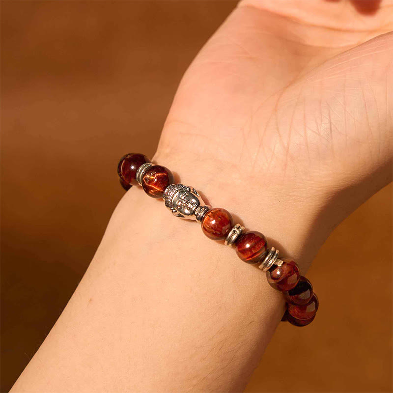 Pulsera de equilibrio con cabeza de Buda y ojo de tigre azul, verde y rojo con Buddha Stones