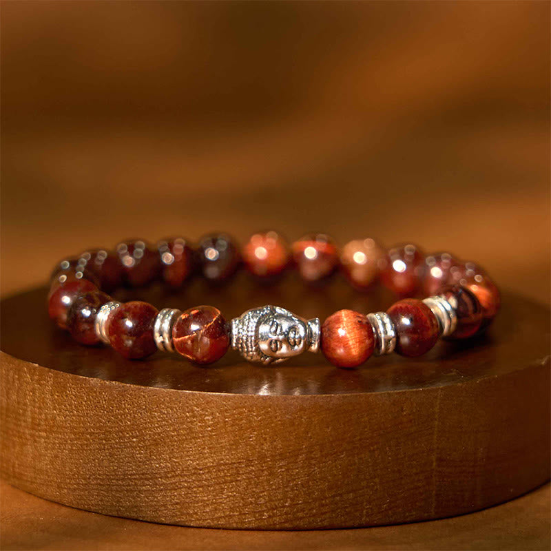 Pulsera de equilibrio con cabeza de Buda y ojo de tigre azul, verde y rojo con Buddha Stones
