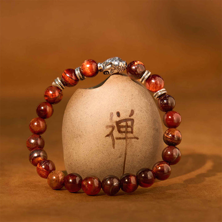 Pulsera de equilibrio con cabeza de Buda y ojo de tigre azul, verde y rojo con Buddha Stones
