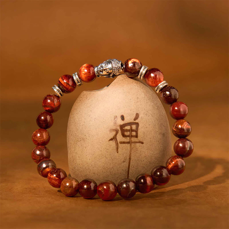 Pulsera de equilibrio con cabeza de Buda y ojo de tigre azul, verde y rojo con Buddha Stones