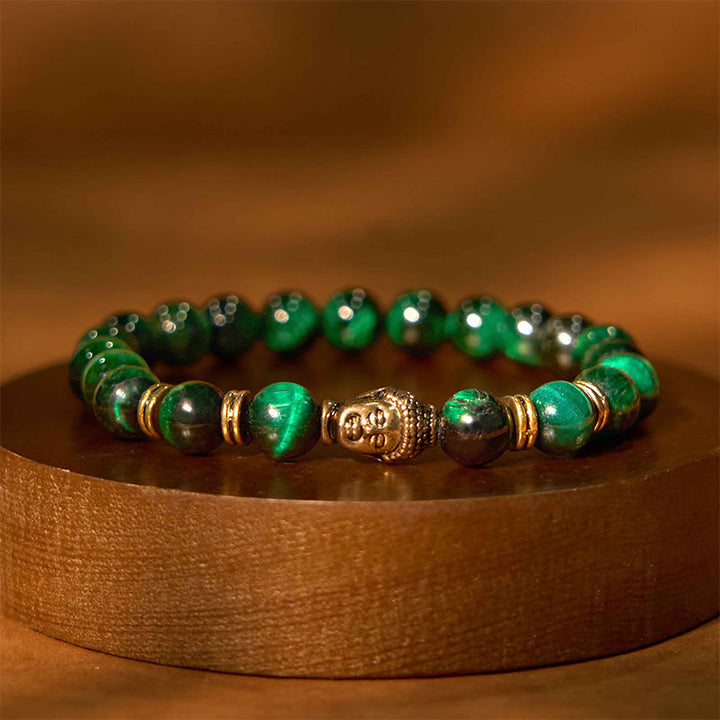 Pulsera de equilibrio con cabeza de Buda y ojo de tigre azul, verde y rojo con Buddha Stones