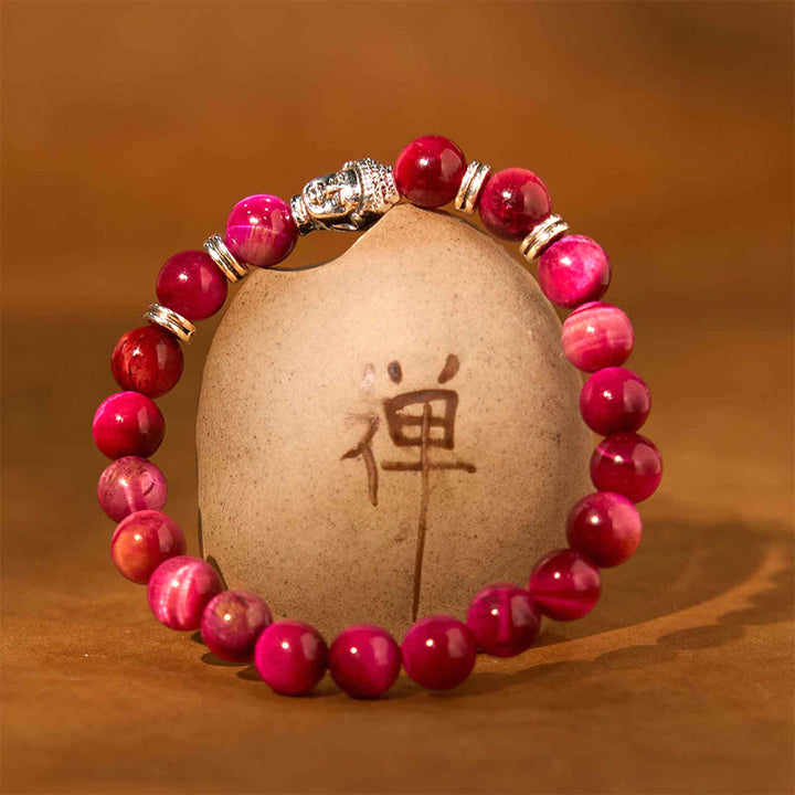 Pulsera de equilibrio con cabeza de Buda y ojo de tigre azul, verde y rojo con Buddha Stones