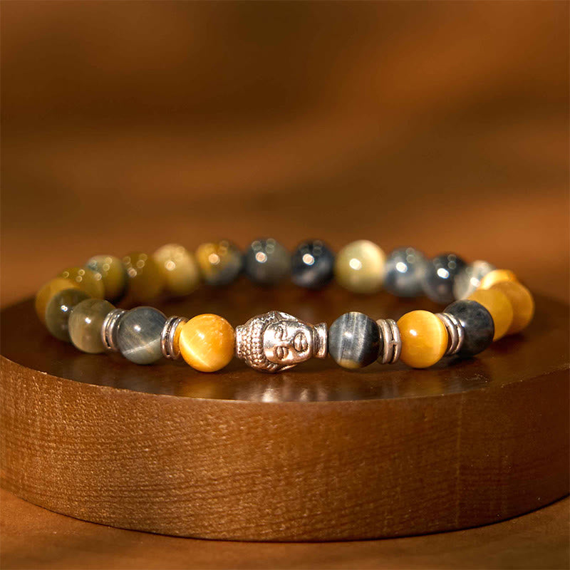 Pulsera de equilibrio con cabeza de Buda y ojo de tigre azul, verde y rojo con Buddha Stones