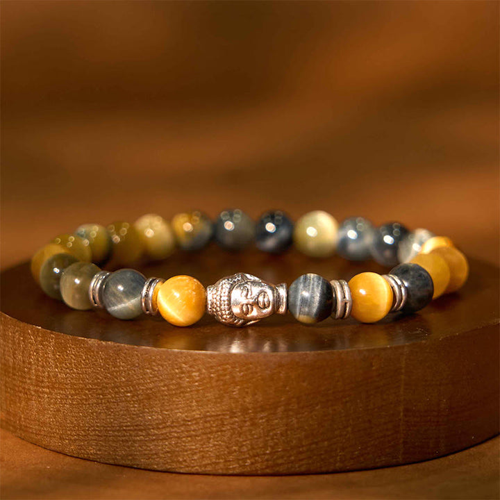 Pulsera de equilibrio con cabeza de Buda y ojo de tigre azul, verde y rojo con Buddha Stones
