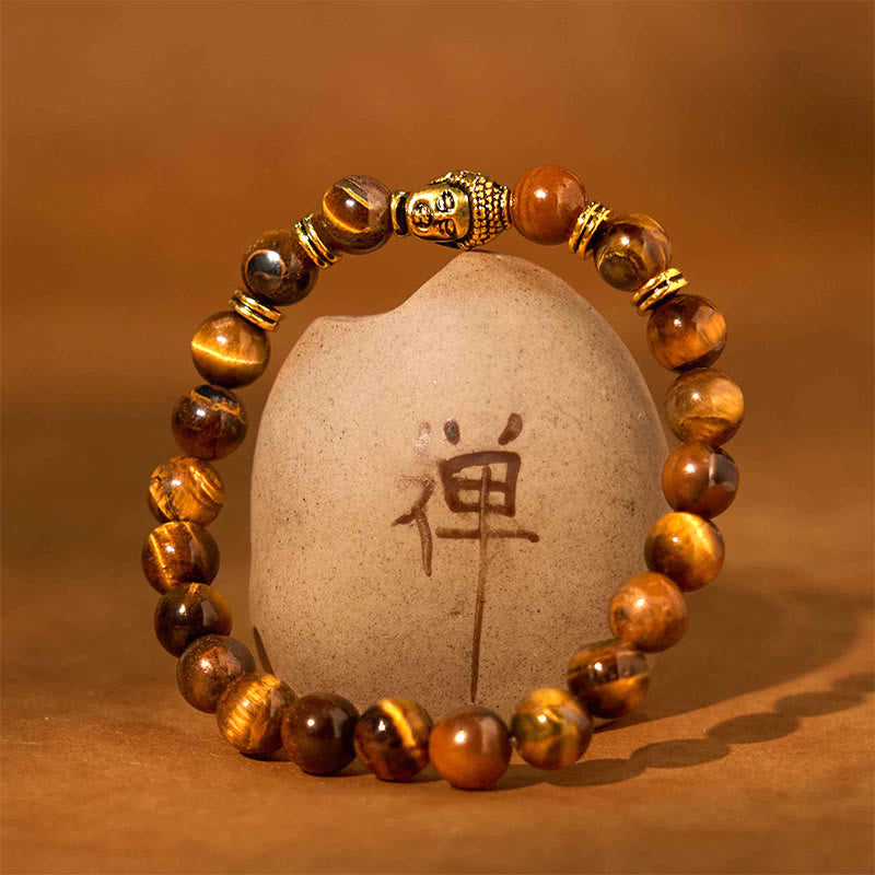 Pulsera de equilibrio con cabeza de Buda y ojo de tigre azul, verde y rojo con Buddha Stones