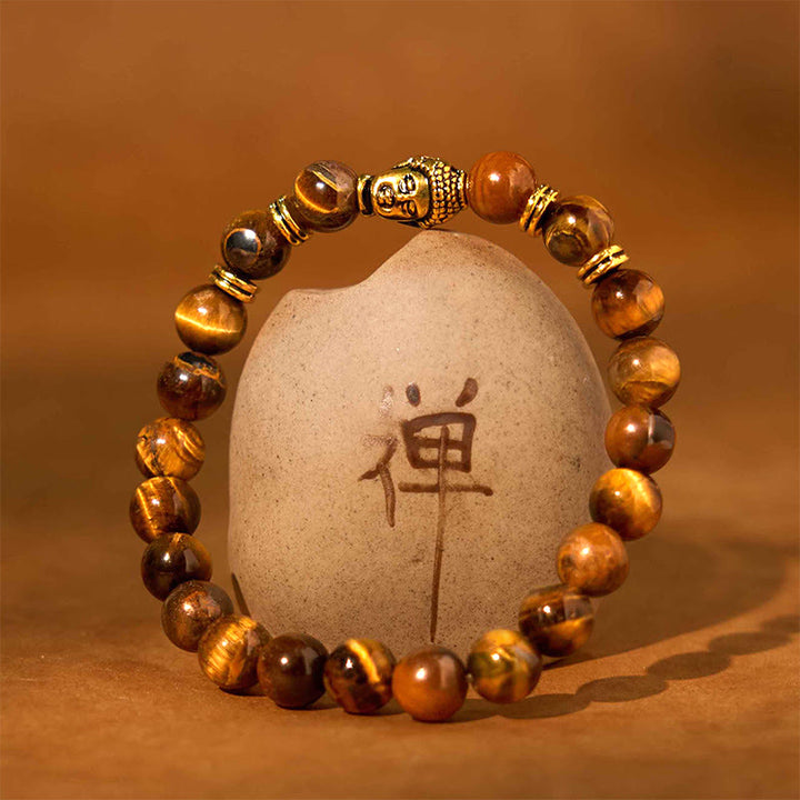 Pulsera de equilibrio con cabeza de Buda y ojo de tigre azul, verde y rojo con Buddha Stones