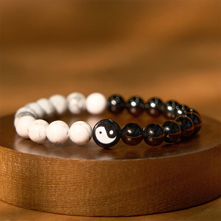 Pulsera de fuerza Yinyang Tai Chi con obsidiana natural y turquesa blanca y Buddha Stones