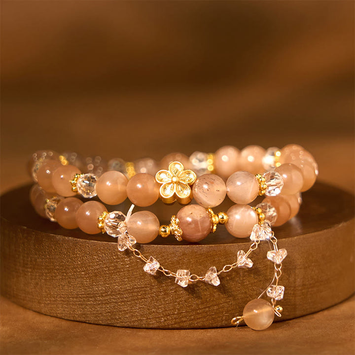 Pulsera de doble vuelta con Buddha Stones, piedra solar, cristal, flor de durazno y riqueza