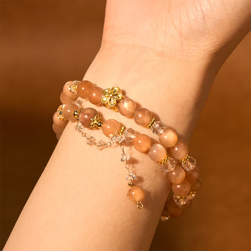 Pulsera de doble vuelta con Buddha Stones, piedra solar, cristal, flor de durazno y riqueza