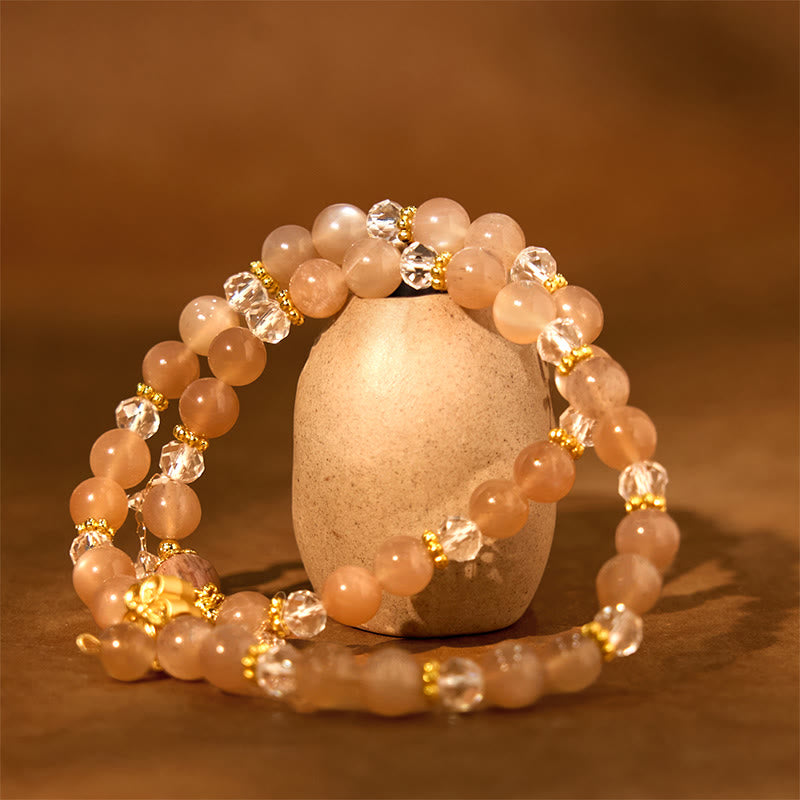 Pulsera de doble vuelta con Buddha Stones, piedra solar, cristal, flor de durazno y riqueza