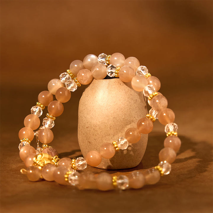 Pulsera de doble vuelta con Buddha Stones, piedra solar, cristal, flor de durazno y riqueza