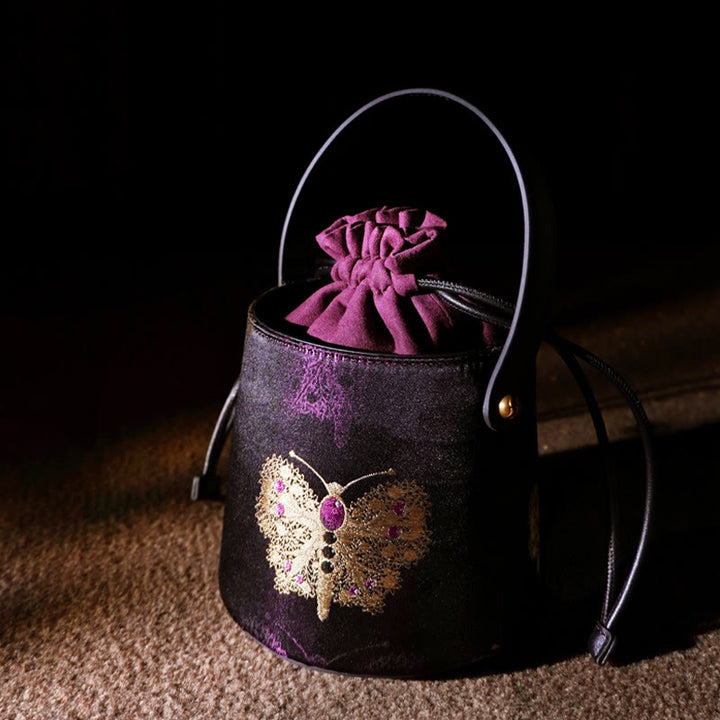 Bolso bandolera con brocado y diseño de mariposas y Buddha Stones