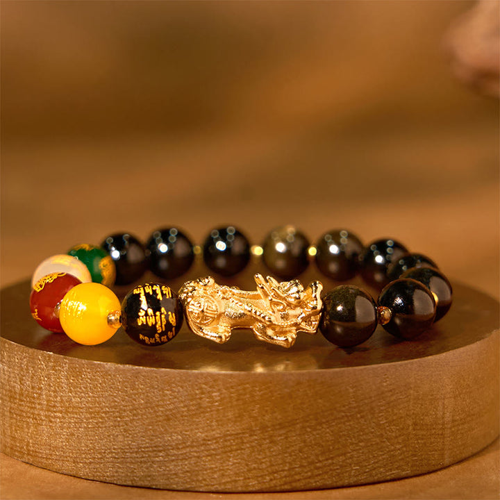 Pulsera de protección de los dioses de la riqueza de las cinco direcciones con obsidiana PiXiu y brillo dorado natural de Buddha Stones