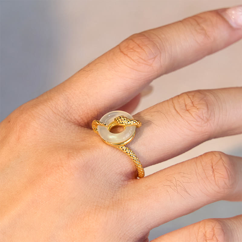 Anillo de armonía del año de la serpiente dorado en plata de ley 925 con hebilla de paz y calcedonia y Buddha Stones